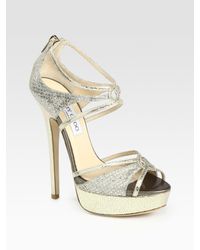 Jimmy Choo | Metallic Sierra Glitter-coated Snake-print Leather Platform Sandals | Lyst