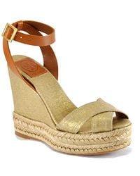 Tory Burch | Metallic Criss Cross Ankle Strap - Gold Linen Espadrille Wedge | Lyst