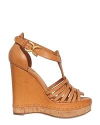 Chloé | Brown 100mm Leather T-bar Sandal Wedges | Lyst