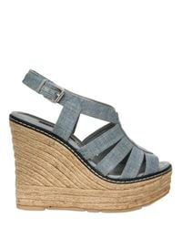 Ralph Lauren | Blue 125mm Fianna Linen Sandal Wedges | Lyst