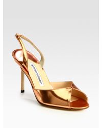 Manolo Blahnik | Metallic Leather Slingback Peep Toe Pumps | Lyst