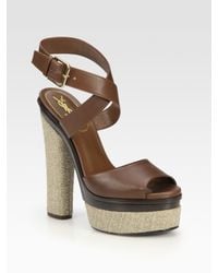 Saint Laurent | Brown Leather and Hemp Platform Sandals | Lyst