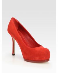 Saint Laurent | Red Ysl Trib Too Suede Platform Pumps | Lyst