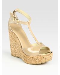 Jimmy Choo | Natural Patent Leather T-strap Wedge Sandals | Lyst
