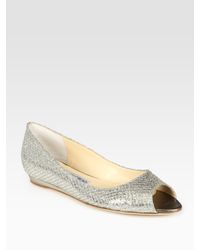 Jimmy Choo | Beck Glitter-coated Metallic Leather Peep Toe Ballet Flats | Lyst