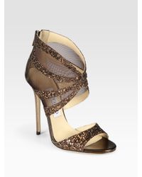 Jimmy Choo | Leila Glitter-coated Metallic Leather and Mesh Sandals | Lyst