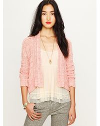 Free People Cropped Cable Cardigan in Pink - Lyst