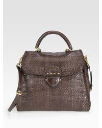 Prada | Brown Madras Top Handle Flap Tote Bag | Lyst