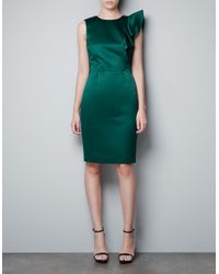 Zara | Green Dress with Asymmetric Shoulder and Frill | Lyst