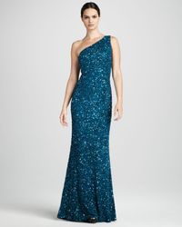 THEIA Beaded One shoulder Gown in Teal (Blue) - Lyst