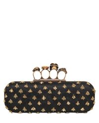 Alexander McQueen Black Bees Embroidery Satin Knucklebox Clutch