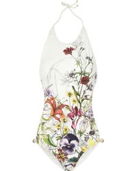 Gucci Floral-Print Backless Swimsuit in White - Lyst