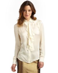 Boutique Moschino Silk Satin Ruffle Blouse in Cream (White) - Lyst