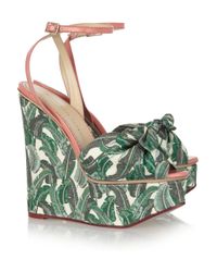 Charlotte Olympia Green Meredith Printed Canvas Wedge Sandals