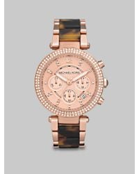 Michael Kors | Brown Parker Pavé Rose Goldtone Stainless Steel & Tortoise-print Acetate Chronograph Bracelet Wat | Lyst