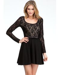 flare dress sleeve bebe dresses lace lyst blk