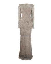 Marchesa Long Sleeve Beaded Lace Gown in Grey (Gray) - Lyst