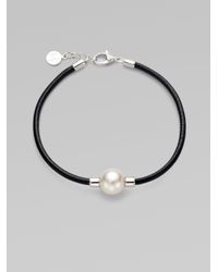 Majorica | Black 12Mm Round White Pearl Leather Bracelet | Lyst
