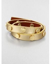 Tory Burch | Logo-studded Metallic Leather Double-wrap Bracelet | Lyst