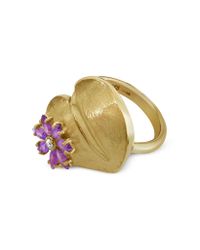 Torrini - Purple Single Pothos Amethyst and Diamond Flower and Leaf 18k Gold Ring - Lyst