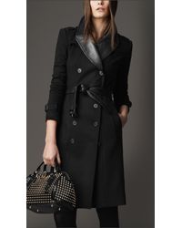 Burberry Long Wool Cashmere Leather Detail Trench Coat in Black - Lyst