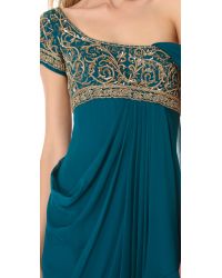 marchesa bodice embroidered gold dress