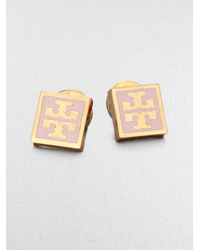 Tory Burch | Metallic Enamel Square Logo Button Earrings | Lyst