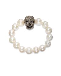 Bavna | White 11mm Round Freshwater Pearl Diamond Skull Bracelet | Lyst