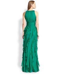 Badgley Mischka Silk Ruffle Gown in Emerald (Green) - Lyst