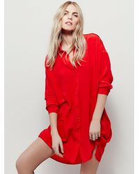 red silk shirt dress