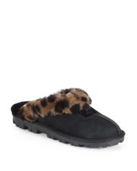 Black ugg slippers with leopard fur Clearance