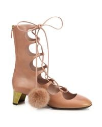 Gucci | Pink Lace-Up Fur Pom-Pom Leather Boots | Lyst