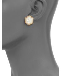 Mija | Mother-Of-Pearl & White Sapphire Hexagon Button Earrings | Lyst