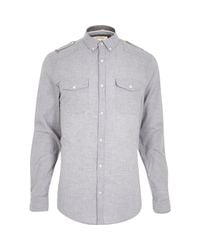 River Island Gray Grey Melange Military Long Sleeve Shirt for men