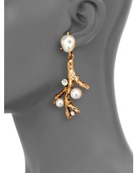 Oscar de la Renta | Metallic Swarovski Crystal Faux Pearl Coral Branch Clipon Earrings | Lyst