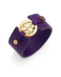 Tory Burch | Purple Logo Medallion Leather Cuff Bracelet | Lyst