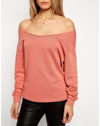 pink off the shoulder sweatshirt