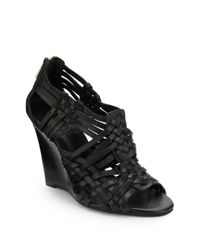 Tory Burch | Black Tevray Woven Leather Wedge Sandals | Lyst