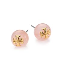 Tory Burch | Pink Rose Quartz Logo Stud Earrings | Lyst