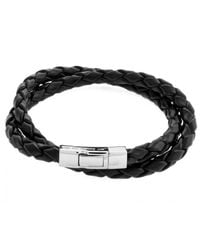 Tateossian - Double Wrap Scoubidou Black Leather Bracelet With Silver Clasp for Men - Lyst
