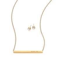 Michael Kors | Metallic Logo Bar Pendant Necklace & Stud Earrings Set/goldtone | Lyst