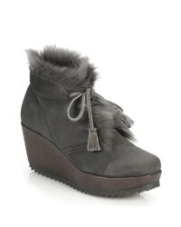 Pedro Garcia | Gray Fidela Lamb Fur-trim Suede Wedge Booties | Lyst