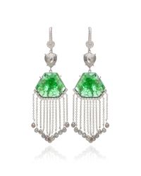 Nina Runsdorf | Green 18k White Gold Slice Emerald and Organic Diamond Briolet Earrings with Diamond Fringe | Lyst