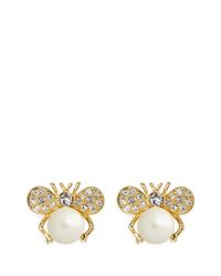 Kenneth Jay Lane | Metallic Crystal Pavé Ribbon Pearl Earrings | Lyst