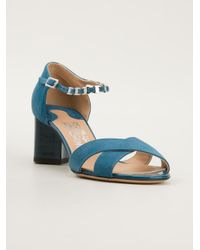 Ferragamo Chunky Heel Sandals in Blue - Lyst