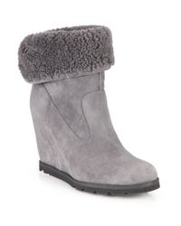 Ugg | Gray Kyra Suede & Shearling Wedge Booties | Lyst