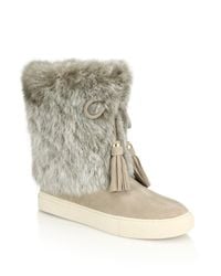 Tory Burch | Natural Anjelica Rabbit Fur-trimmed Suede Boots | Lyst