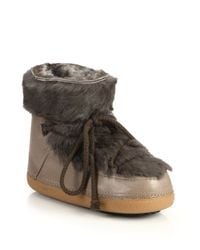 Ikkii | Brown Leather and Rabbit-Fur Moon Boots | Lyst
