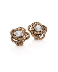 Oscar de la Renta | Brown Faux Pearl & Crystal Flower Button Earrings | Lyst
