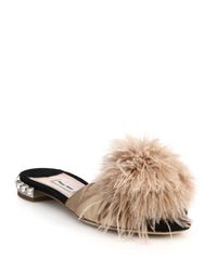Miu Miu | Natural Feather & Crystal-embellished Suede Slide Sandals | Lyst